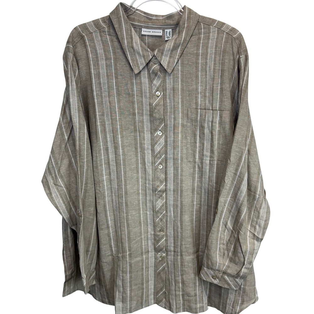 Susan Graver Linen Blend Tan Striped Button up Shirt 2X‎ Vacation Resort Cruise